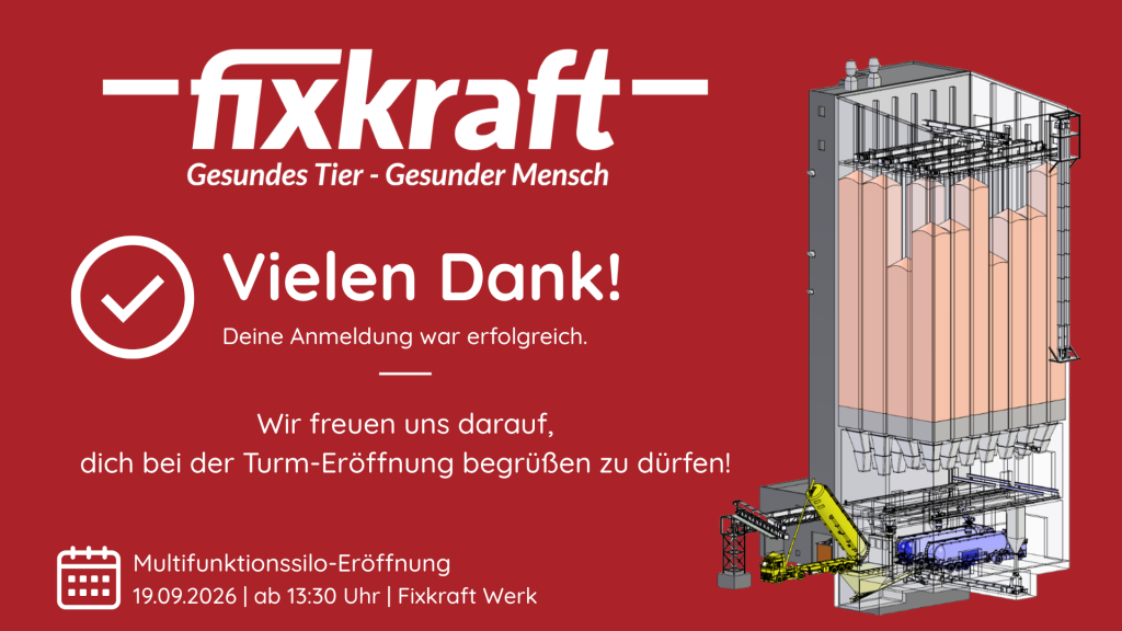 Rotes Fixkraft-Banner mit Logo, der Dankesnachricht »Vielen Dank! Deine Anmeldung war erfolgreich.« und einer schematischen Bauzeichnungsansicht eines Gebäudekomplexes/-Kransystems.