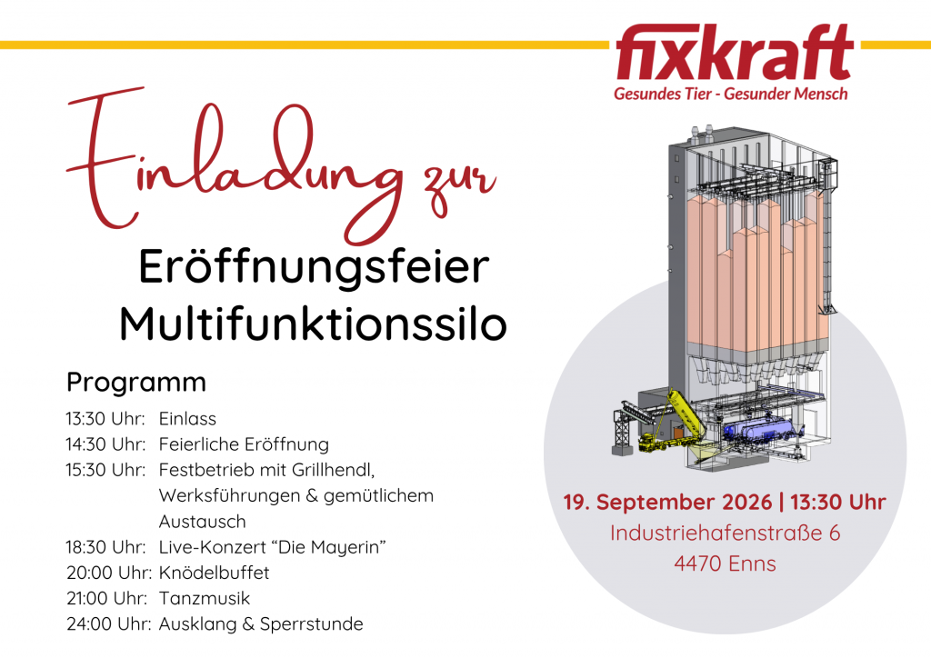 Einladung zur Eröffnungsfeier des Multifunktionssilos von Fixkraft; Logo oben rechts, Silografik rechts, Programmpunkte links.